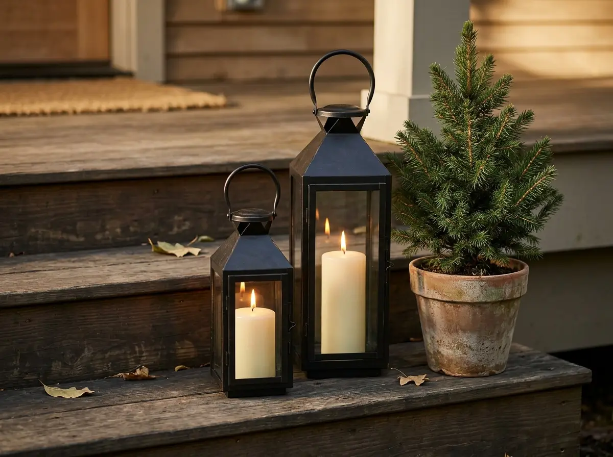 black lanterns with candles on porch steps
