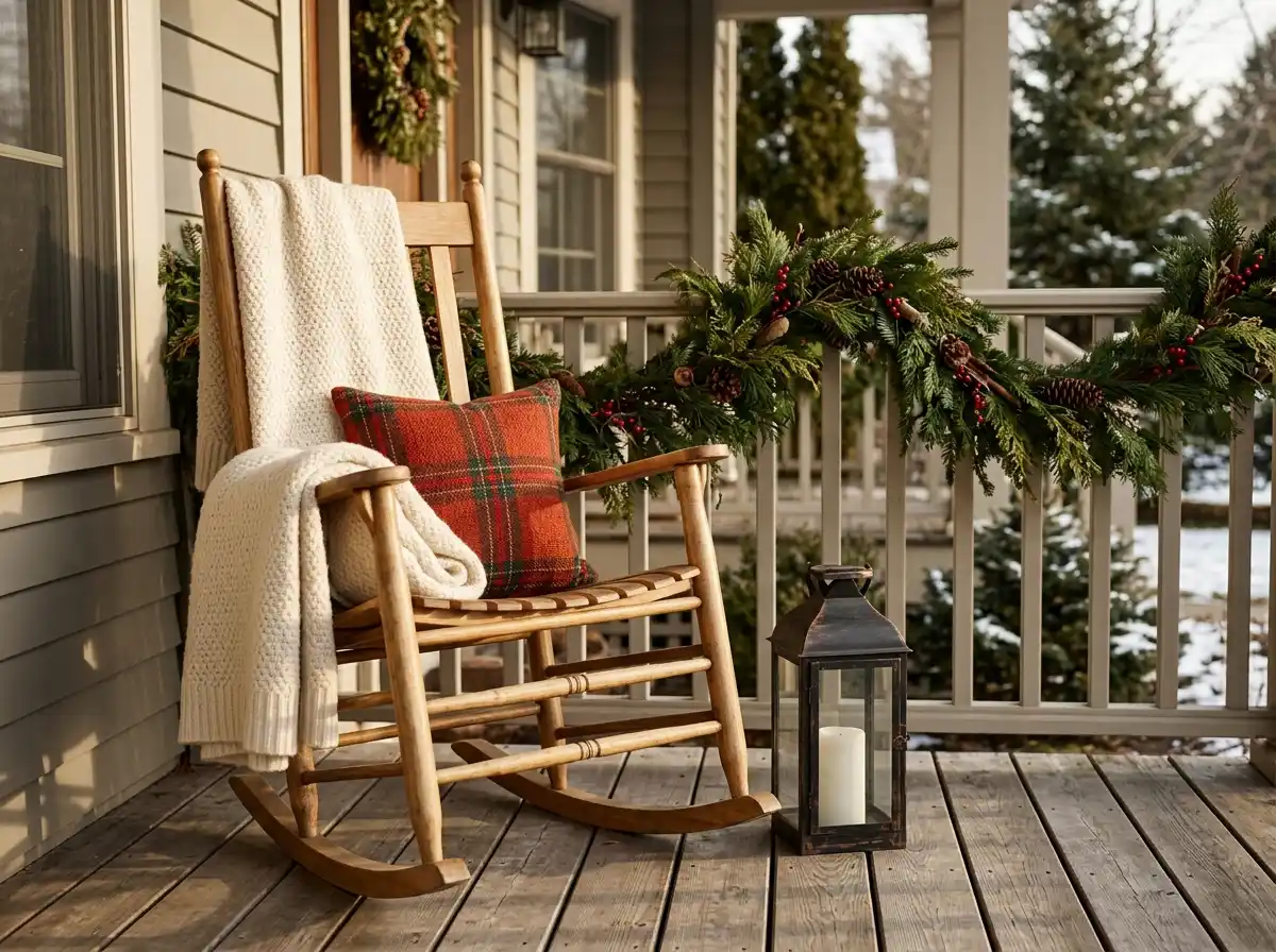 rocking chair with a blanket and bow on a porch
