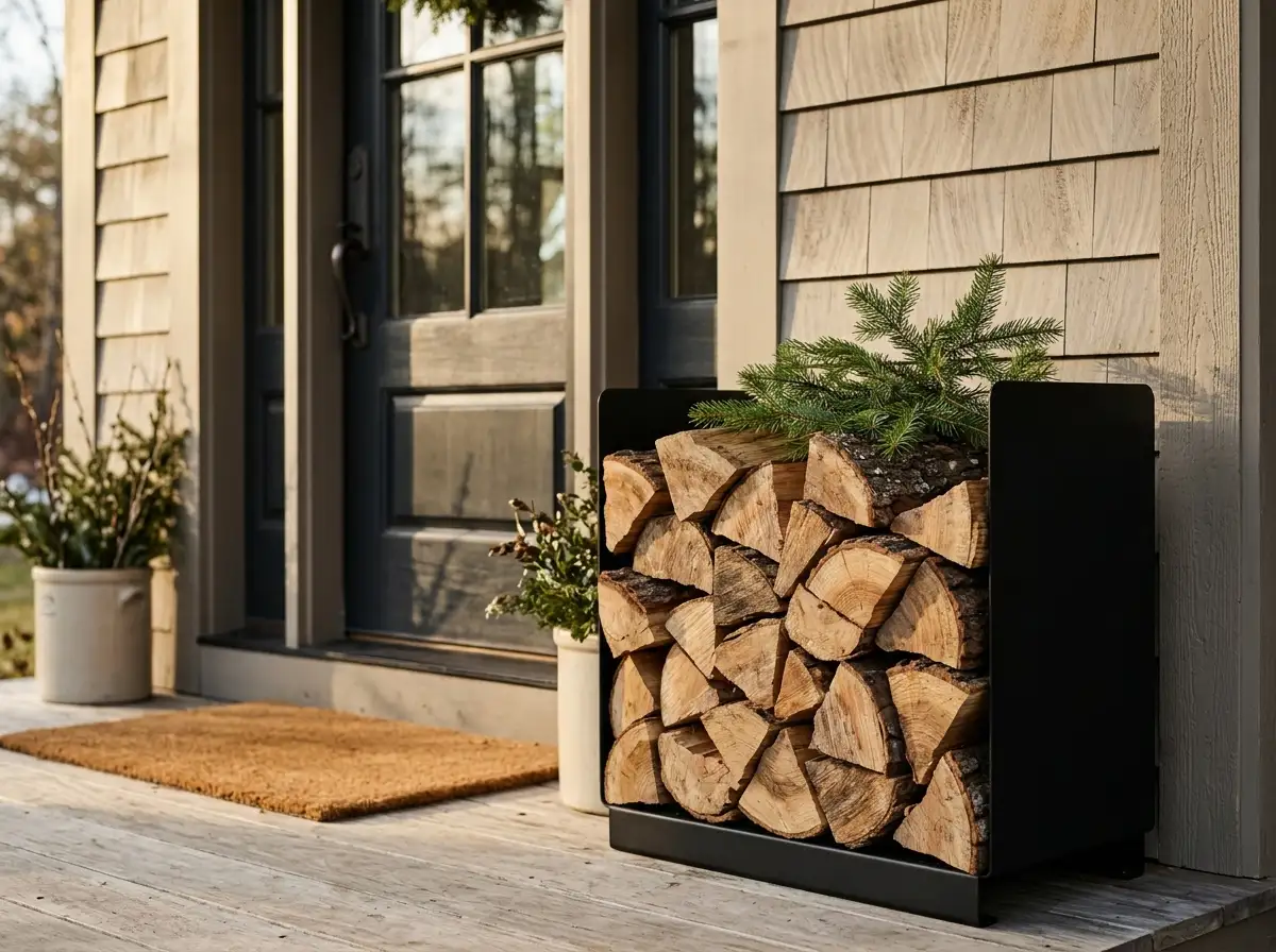 stacked firewood in a black holder by a door