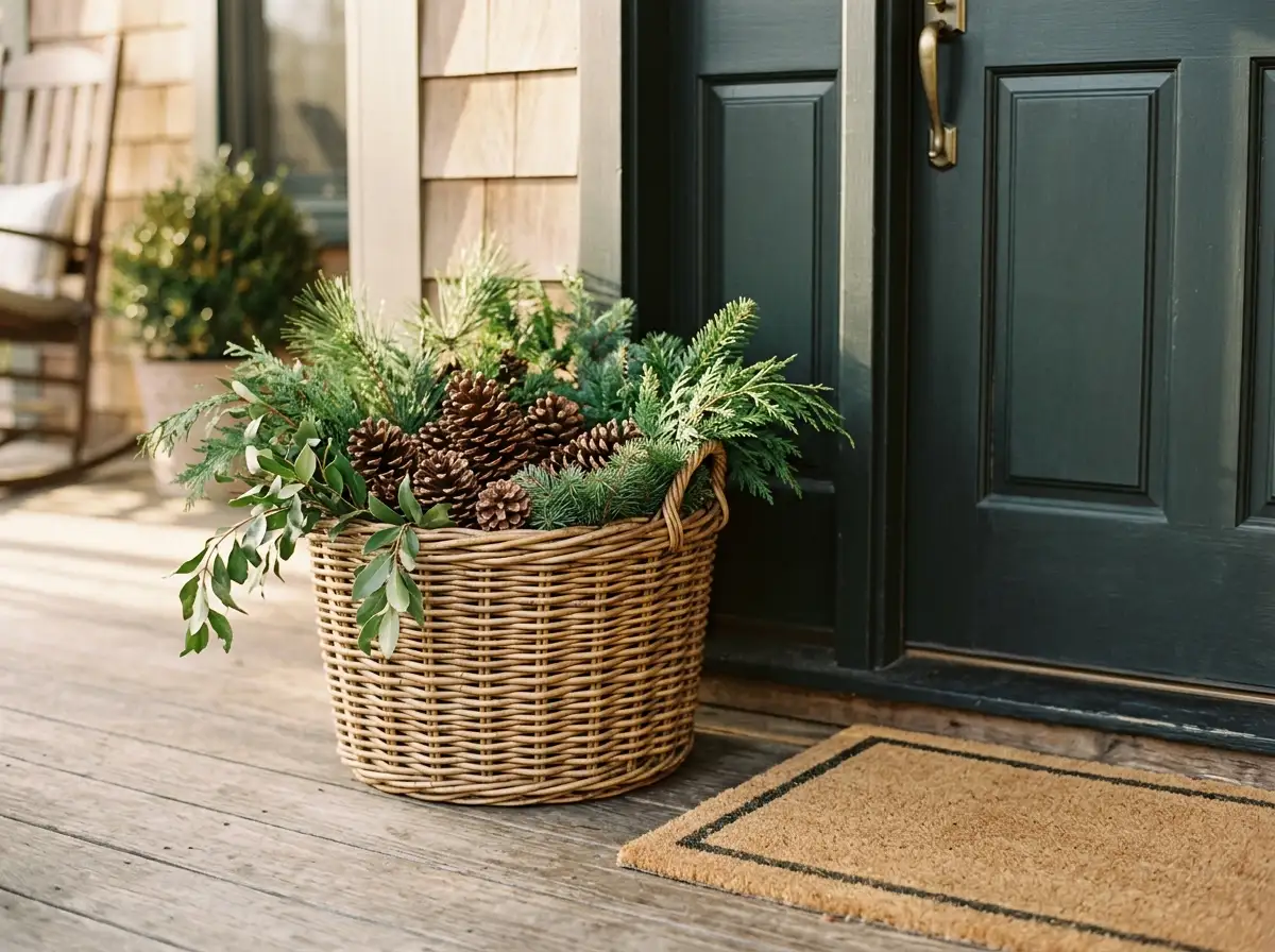 basket of pinecones and evergreen clippings