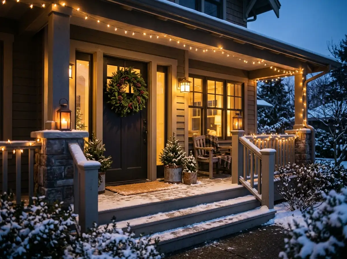 front porch glowing with warm lights at dusk