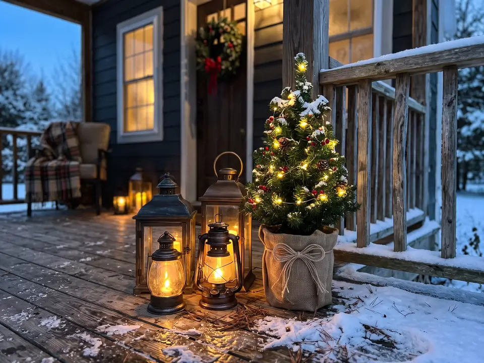 Lanterns glowing on a porch floor beside a small potted tree