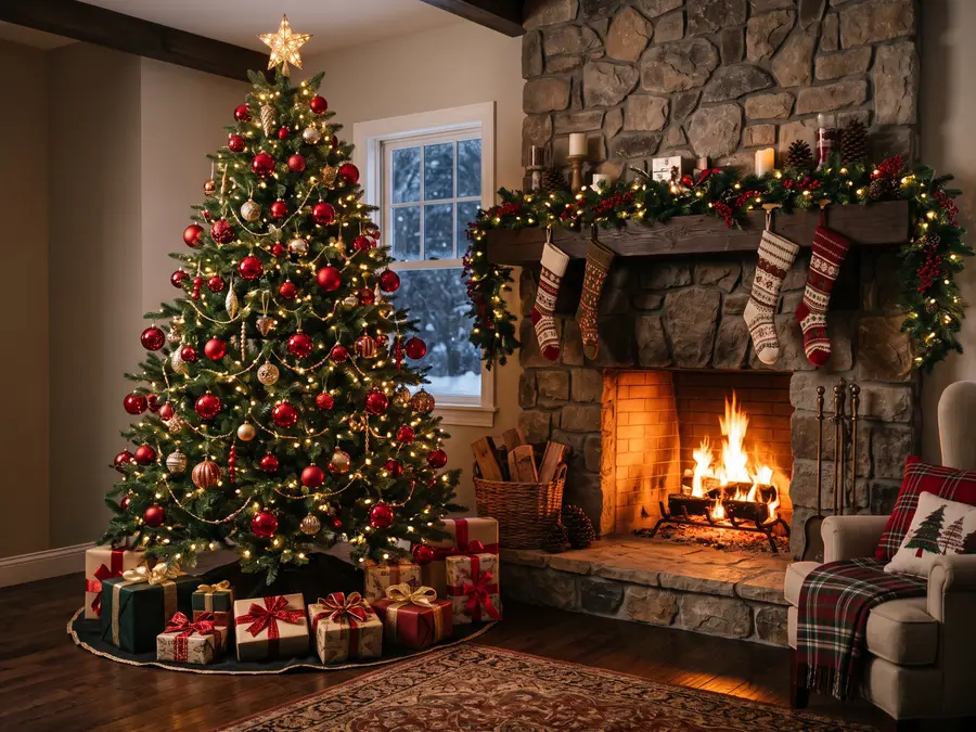 Christmas tree decorated with red baubles near a fireplace