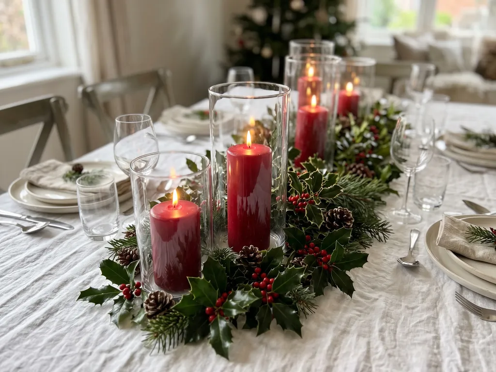 Red pillar candles in glass holders on a Christmas table