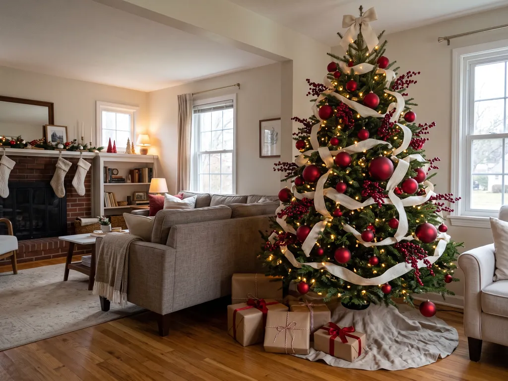 Traditional Christmas tree with red baubles and ribbon