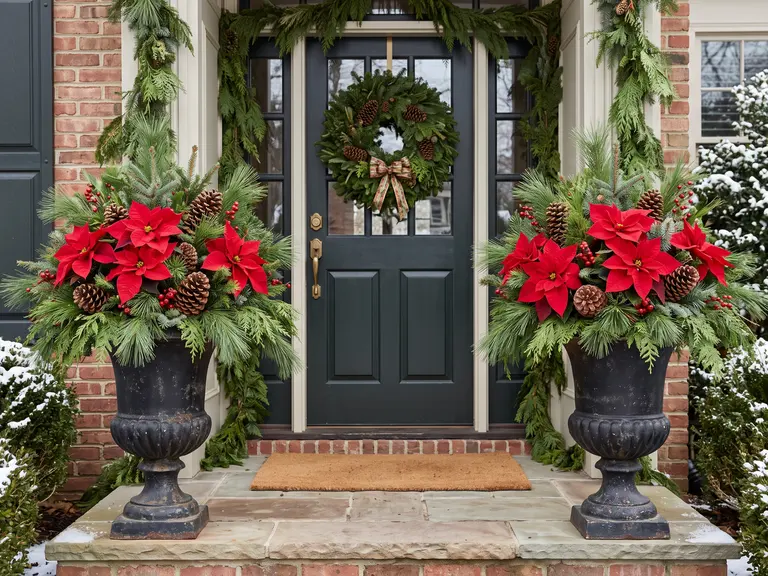 Red poinsettia arrangement with pine greenery