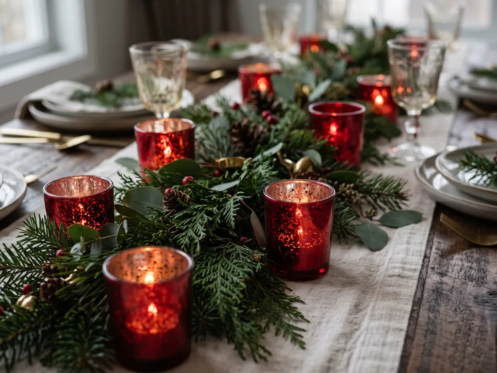 Christmas table detail with red votive candles and greenery