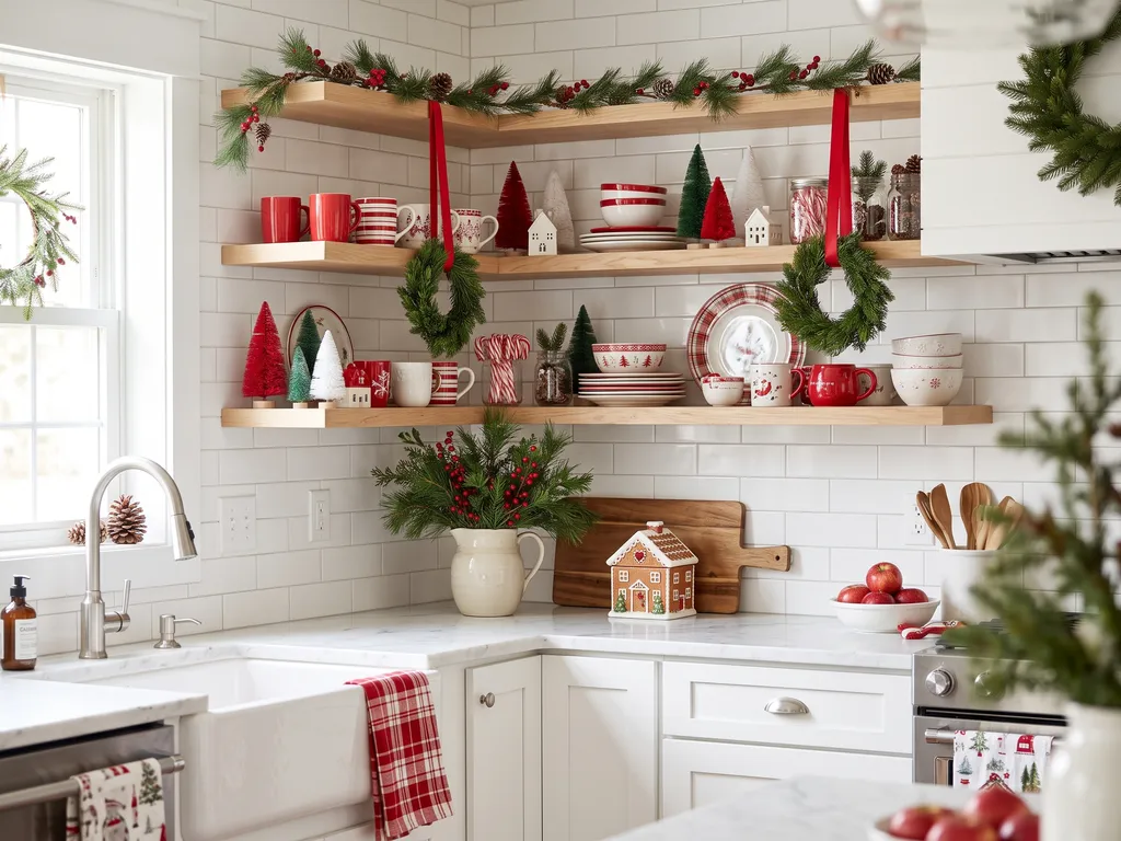 Bright kitchen with red and white Christmas shelf decor