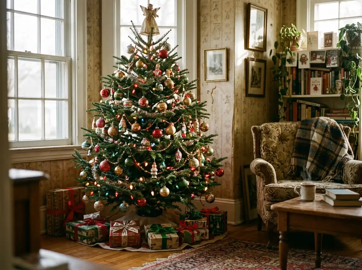 Retro Christmas tree with saturated glass ornaments and warm colored lights