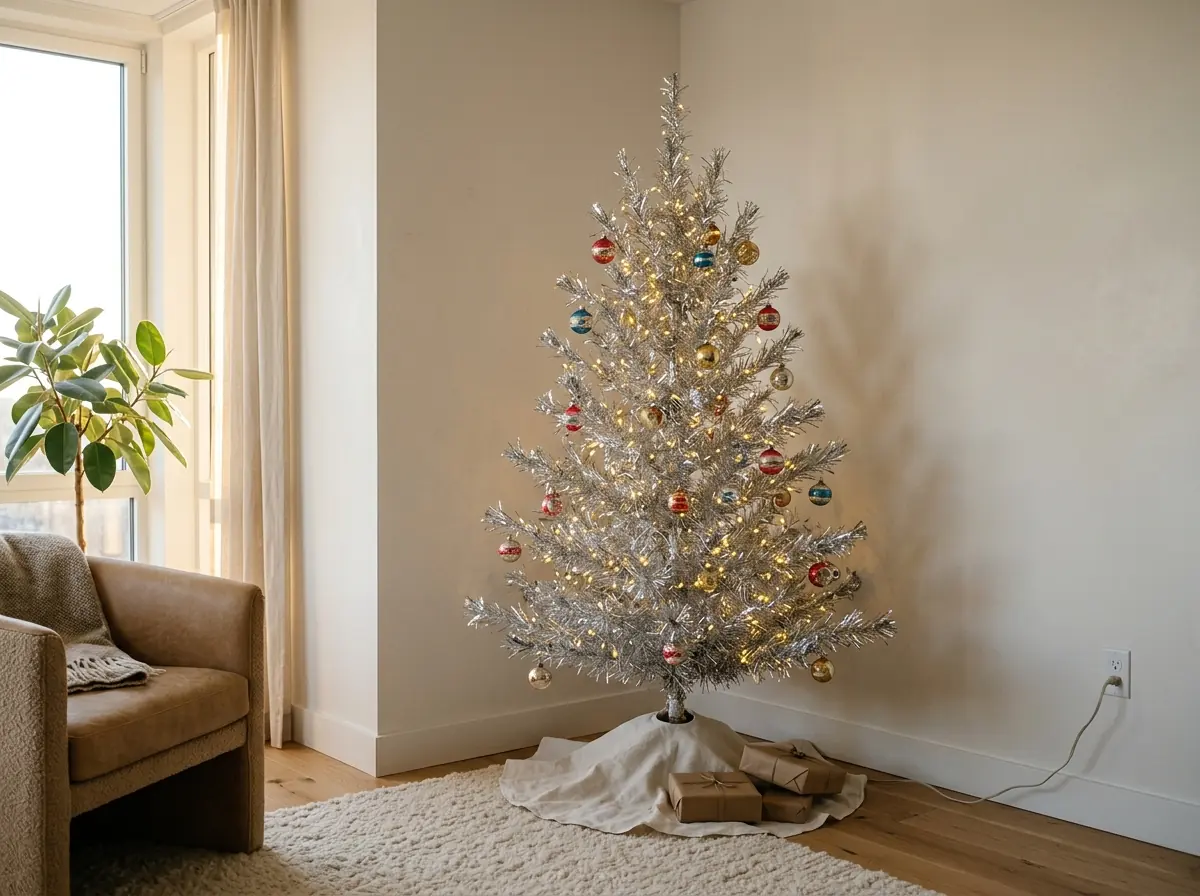 Silver aluminum Christmas tree shimmering in a modern living room