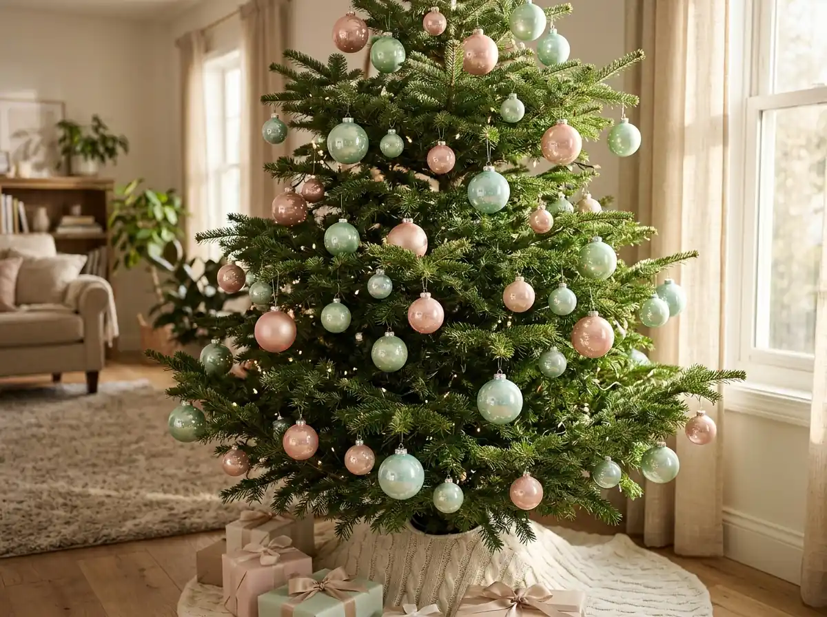 Green Christmas tree decorated with glossy pastel ball ornaments