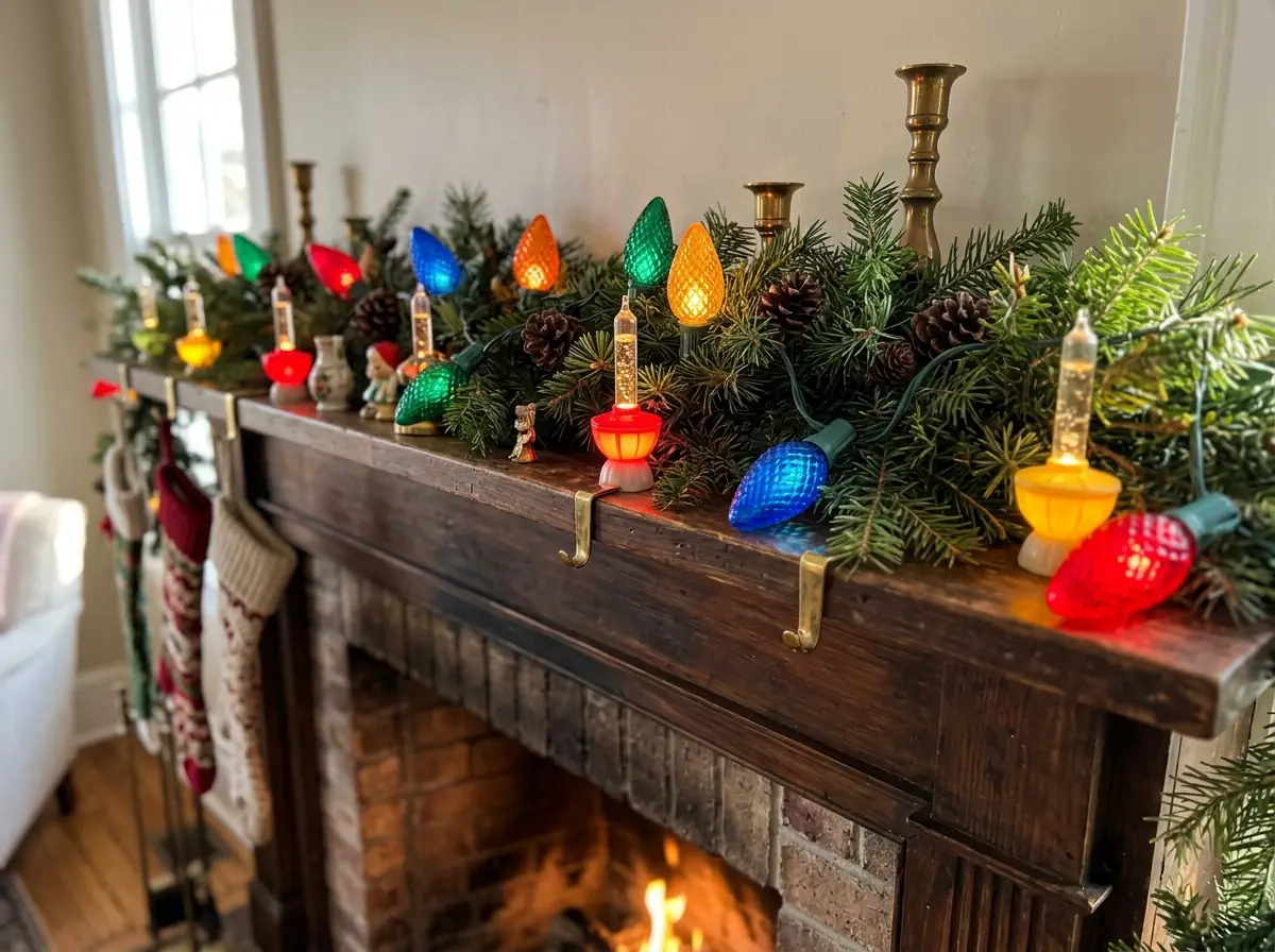 Mantel decorated with large colored C9 bulbs and bubble lights