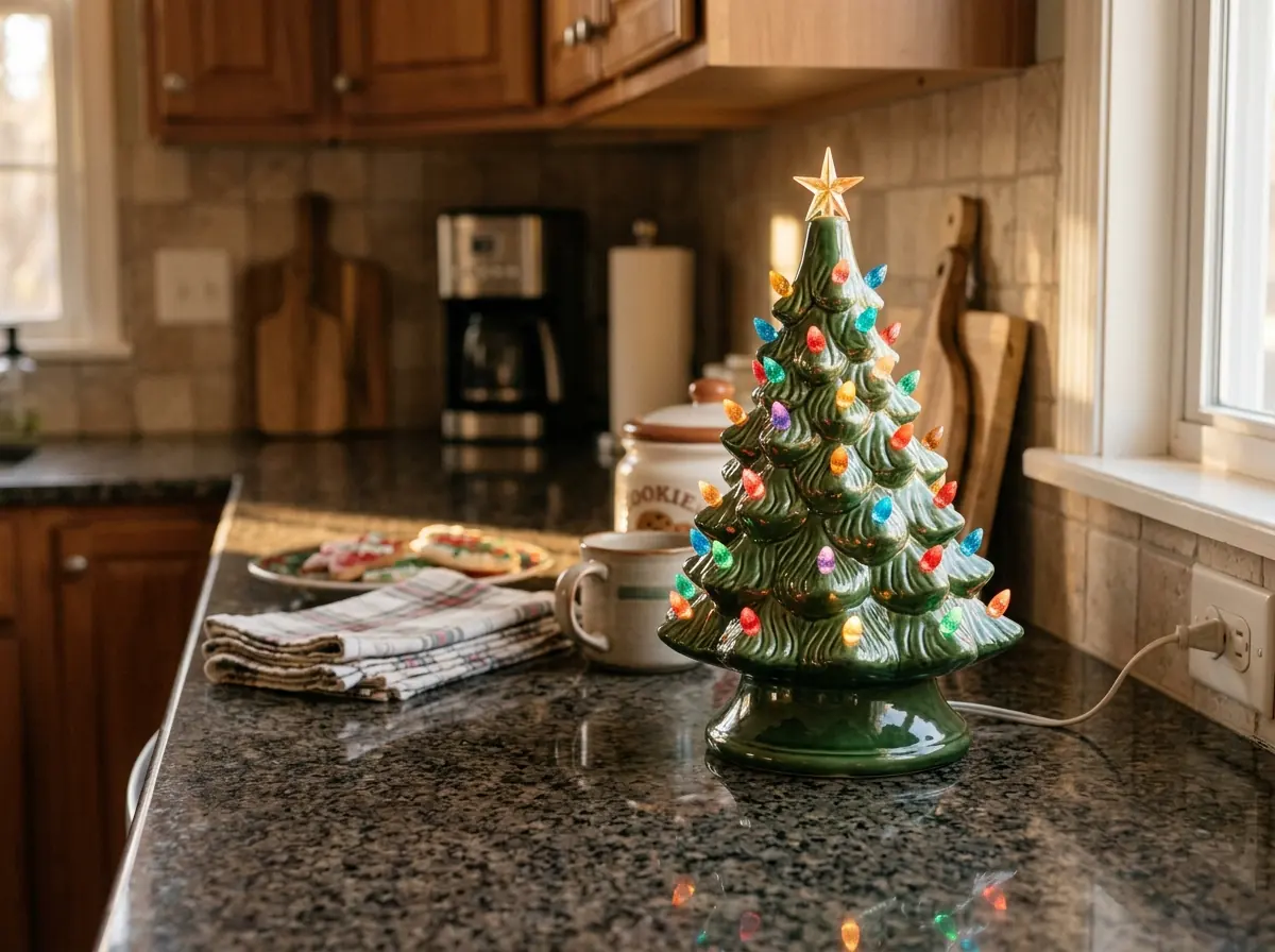 Lighted ceramic Christmas tree glowing on a kitchen counter