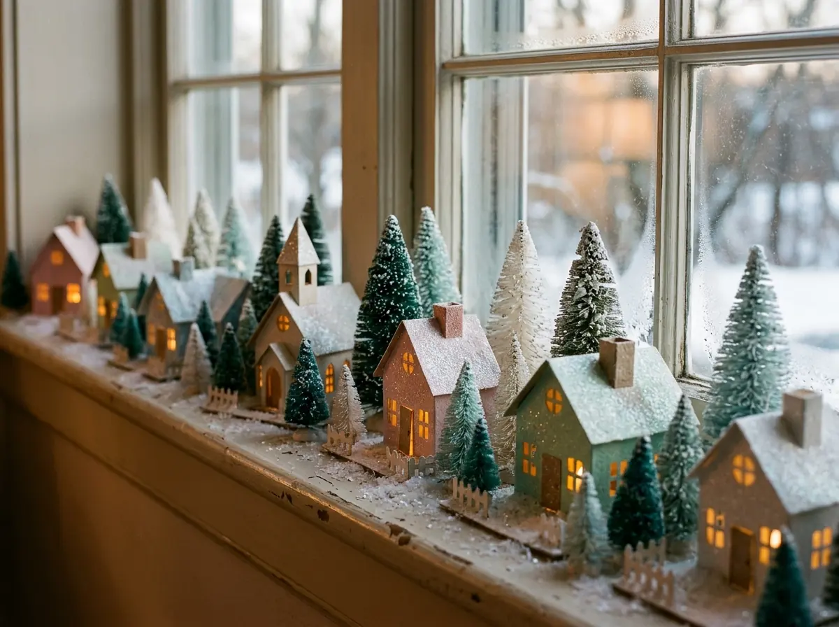 Putz house village with glowing windows on a windowsill
