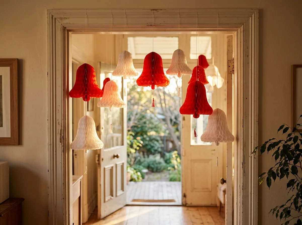 Tissue honeycomb bells hanging in a doorway