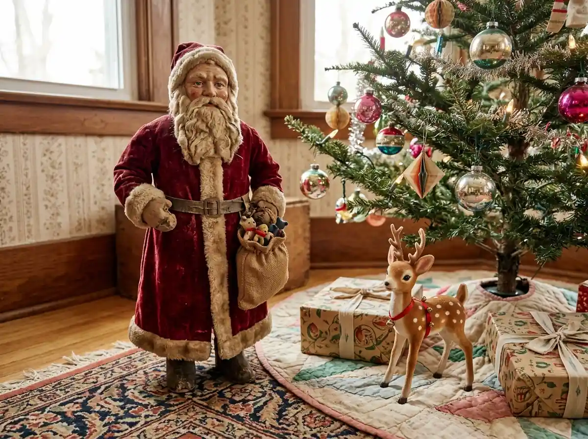 Vintage-style Santa figure and mid-century reindeer beside a tree