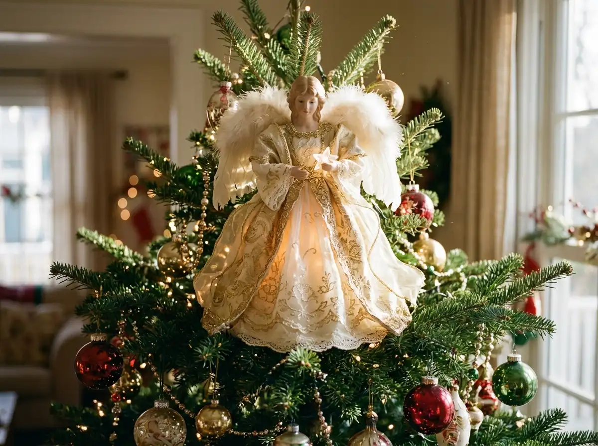 Classic angel tree topper glowing atop a Christmas tree