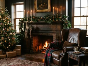 Heritage Christmas living room with tartan, leather, and brass