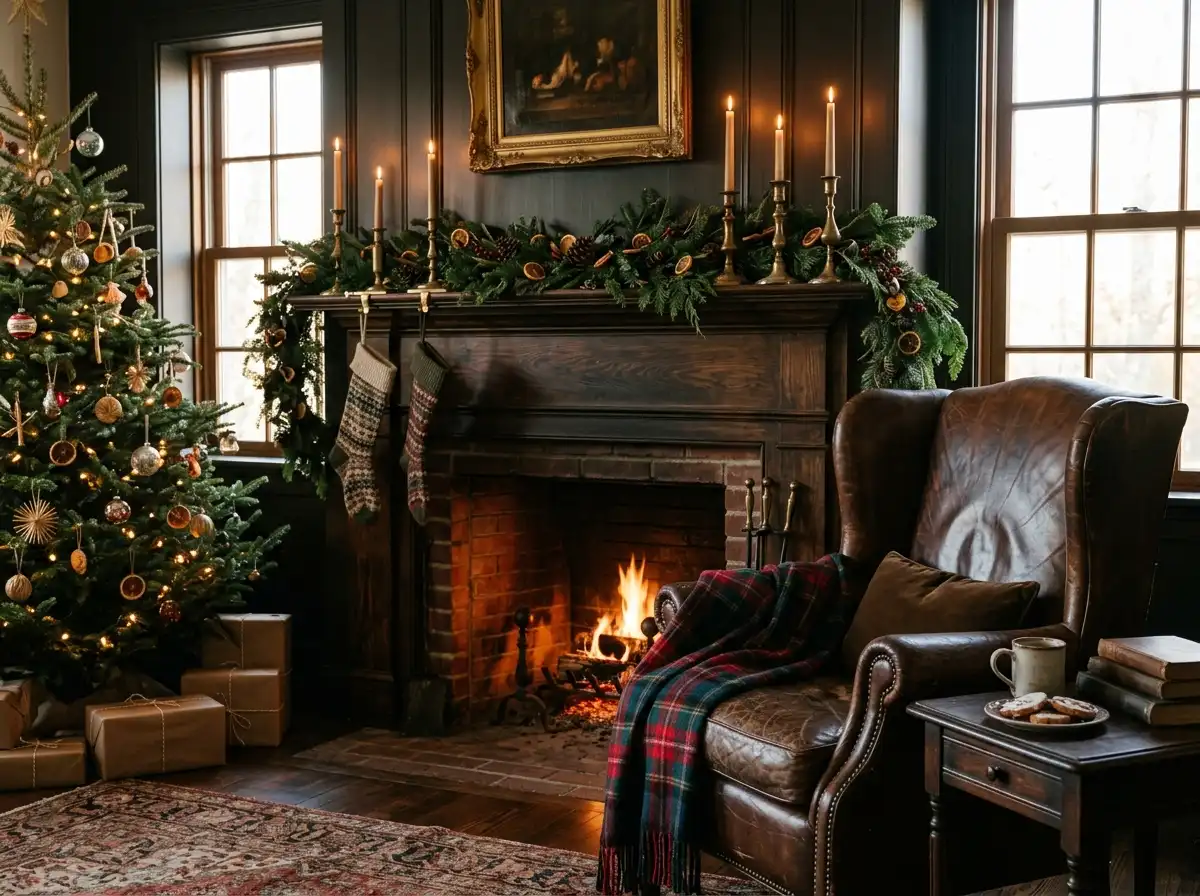 Heritage Christmas living room with tartan, leather, and brass