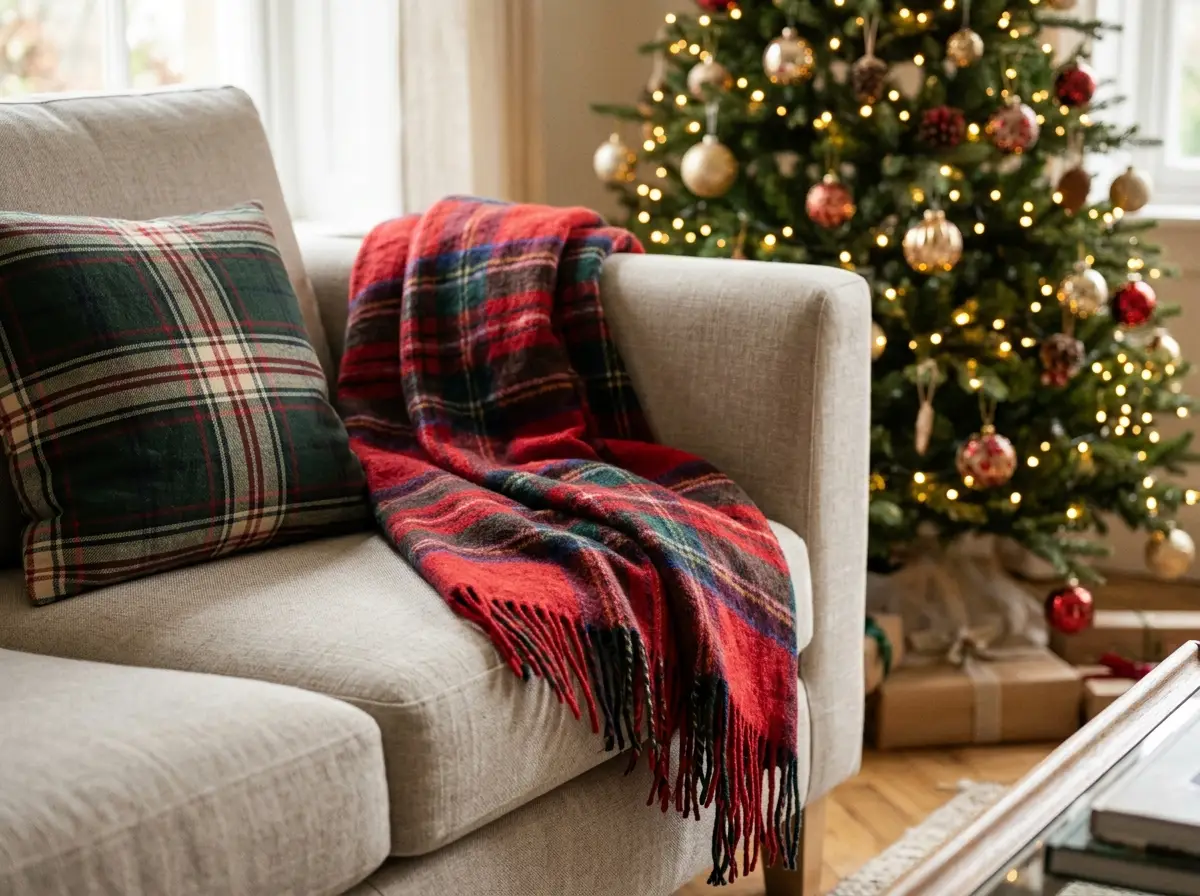 Tartan throw and plaid cushion on a sofa by the tree