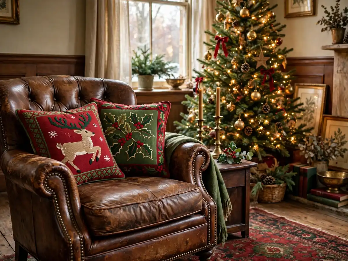 Needlepoint Christmas cushions with reindeer and holly motifs on a leather chair beside a tree