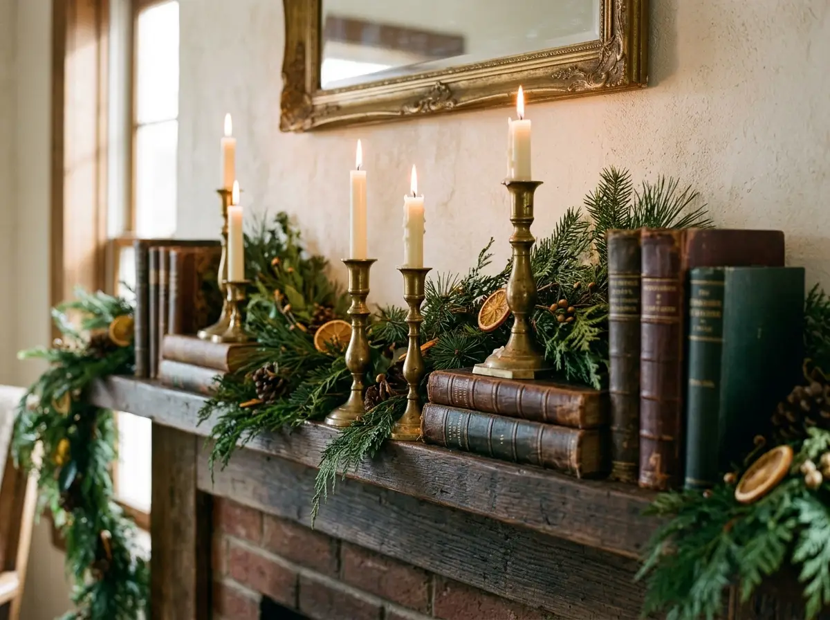 Brass candlesticks and leather-bound books on a mantel