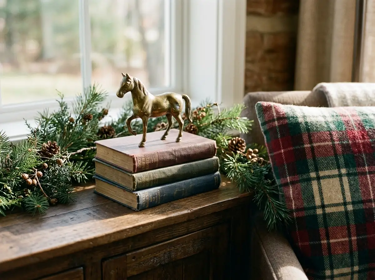 Brass horse figure on stacked books beside plaid and garland