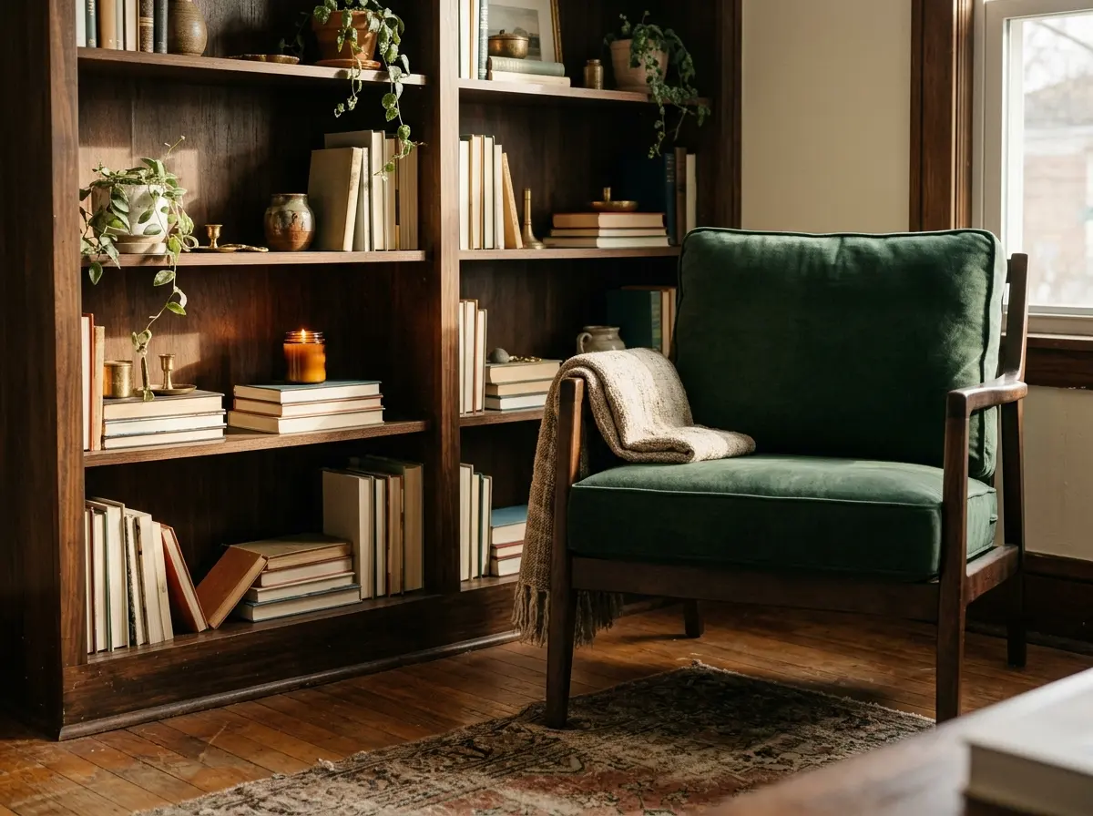 Dark wood library shelves with books and hunter green cushion