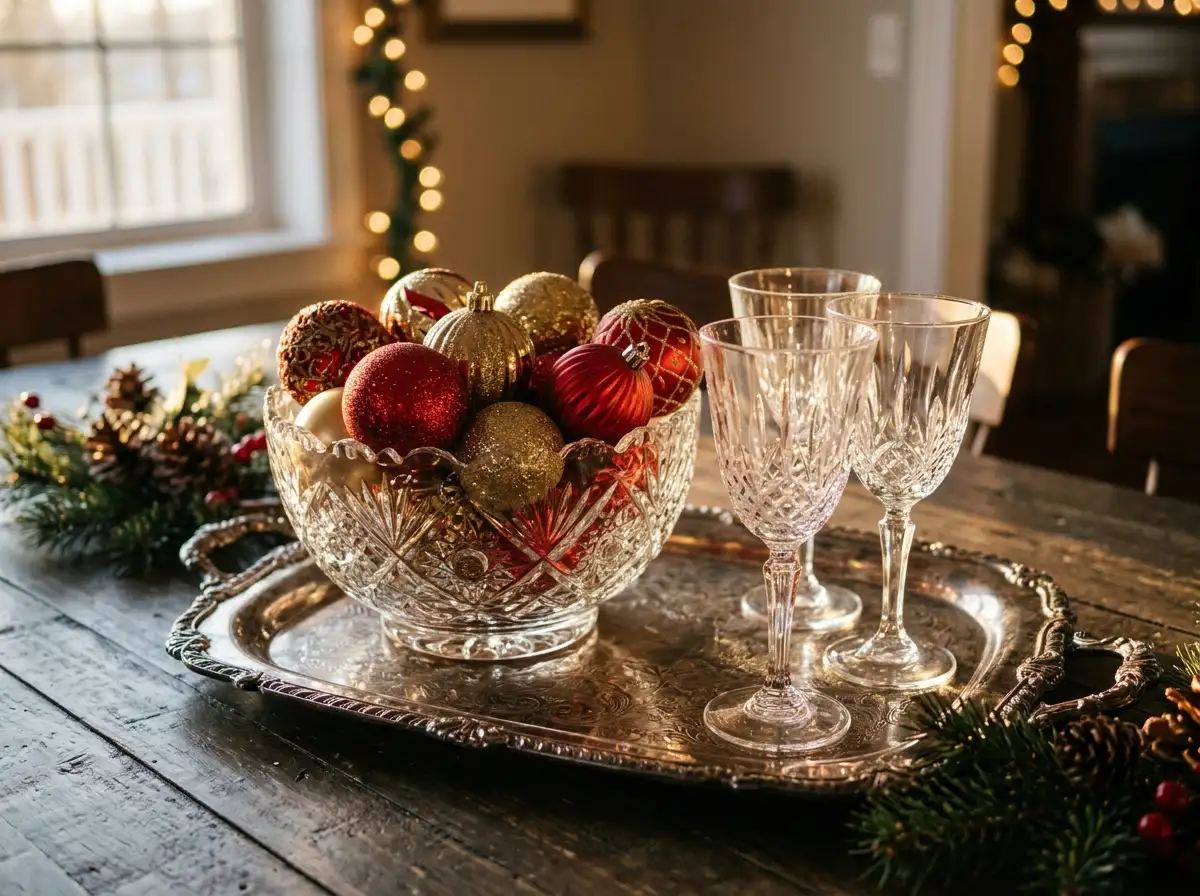 Silver tray with glass bowl of ornaments and crystal glasses
