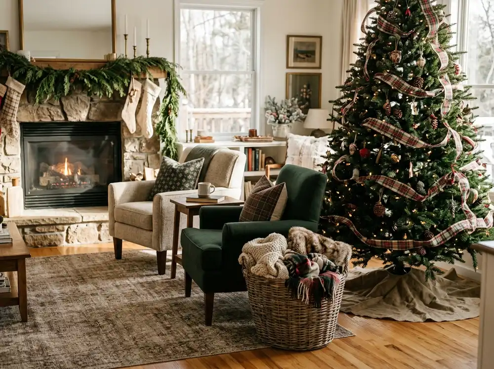 Fireside chairs angled toward a fireplace and plaid-ribbon tree