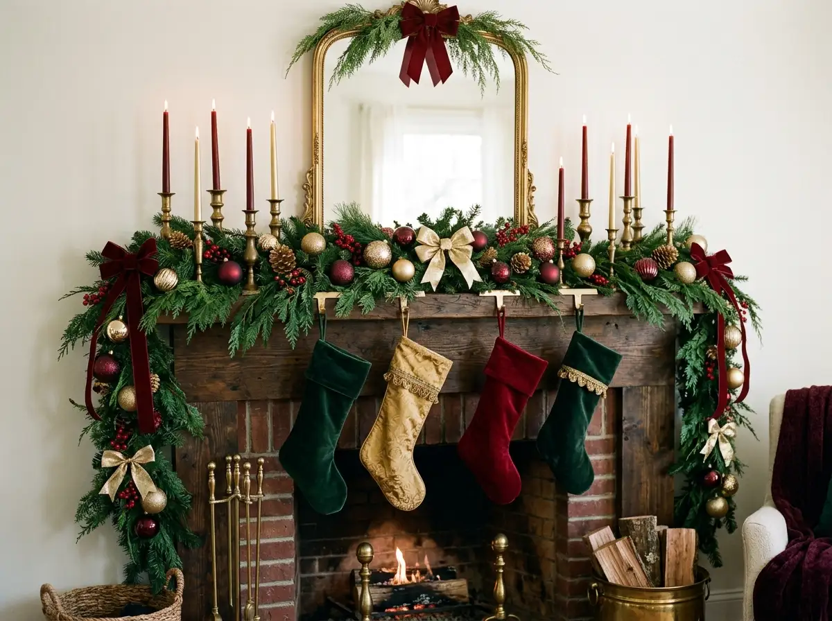 Mantel in strict red, green, and gold with brass candlesticks