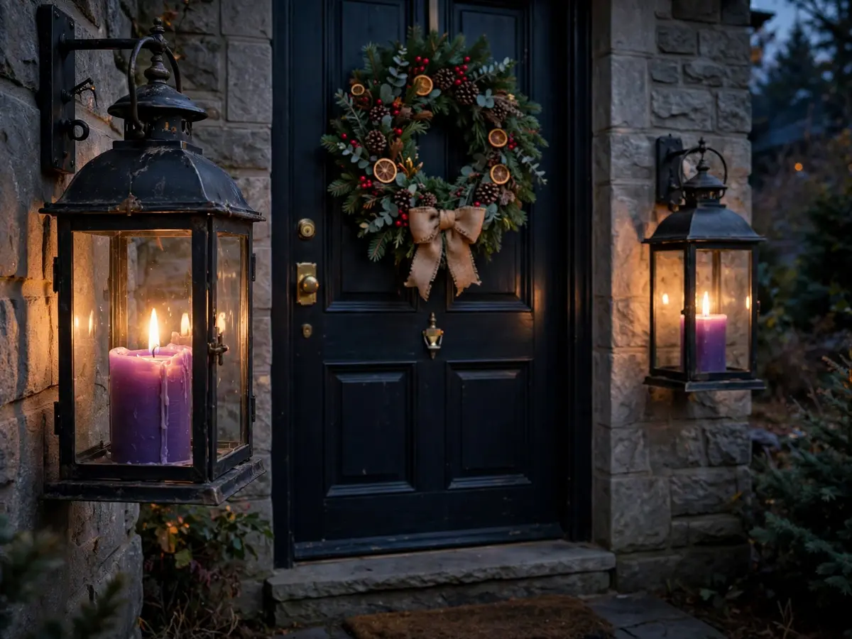 Purple lanterns by a front door