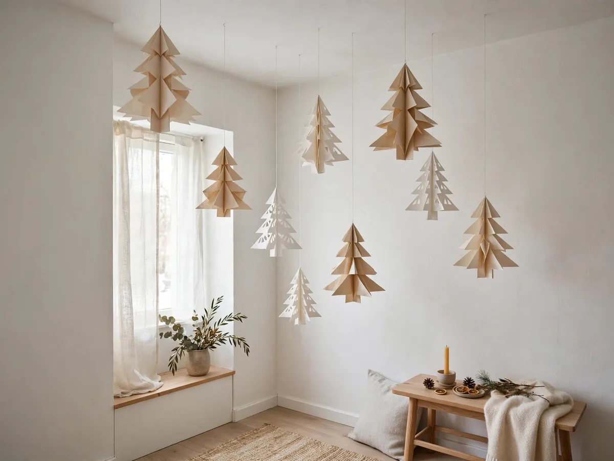Paper Christmas trees hanging from a ceiling