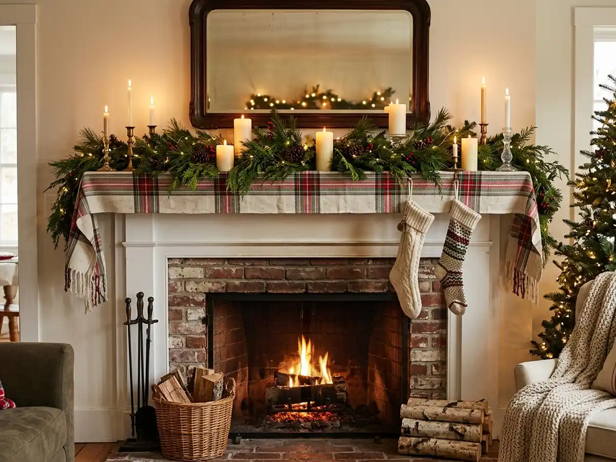 Fabric scarf on a Christmas mantel