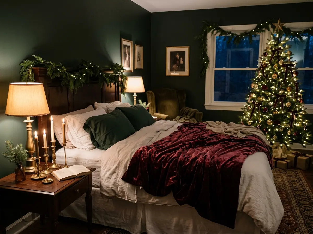 Burgundy velvet and brass in a bedroom