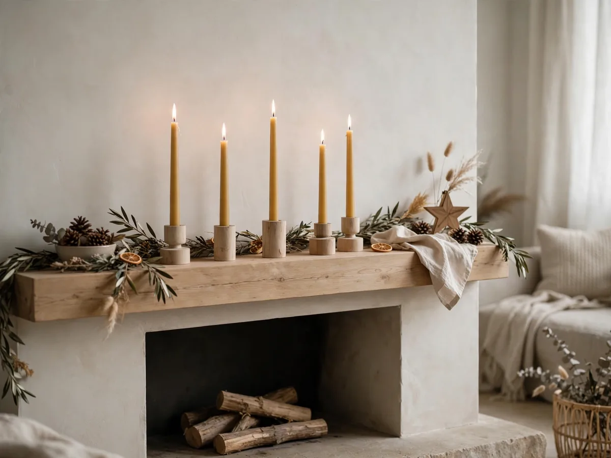 Beeswax tapers in wooden holders on a mantel