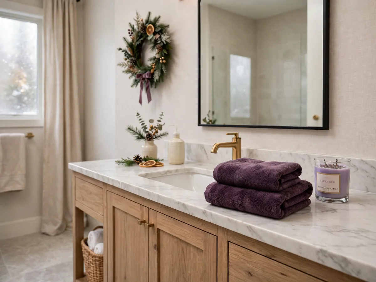 Plum towels and candle in a bathroom
