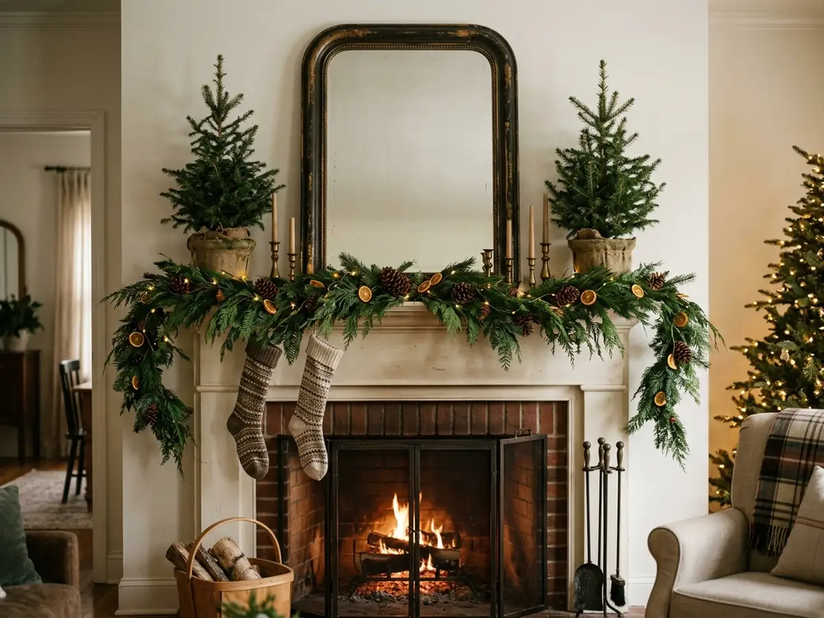 Potted mini evergreens on a mantel