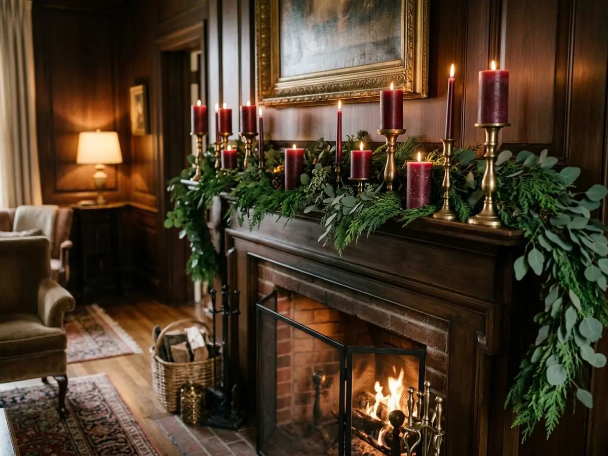 Burgundy candles in gold holders on a mantel