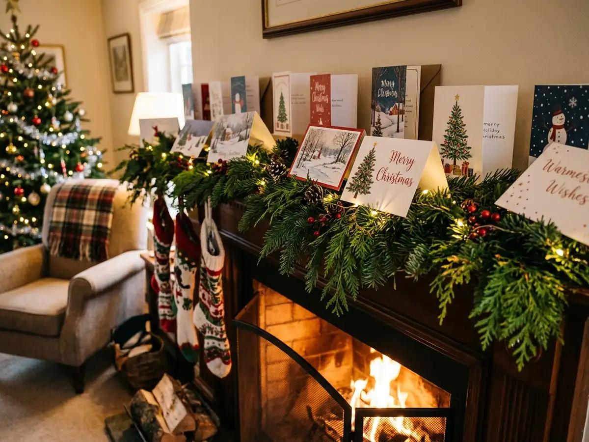 Christmas cards displayed on a mantel