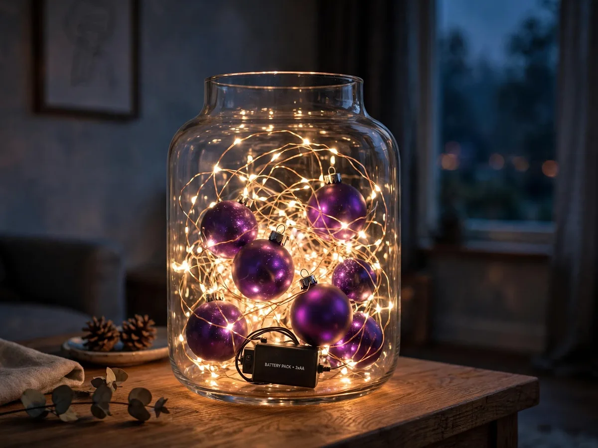 Purple fairy lights in a glass vase