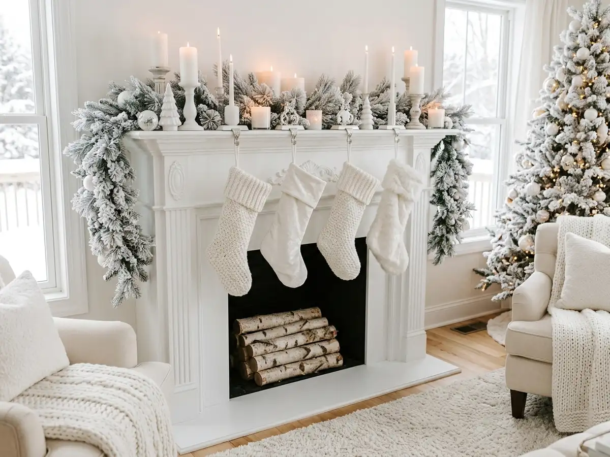 All white Christmas mantel