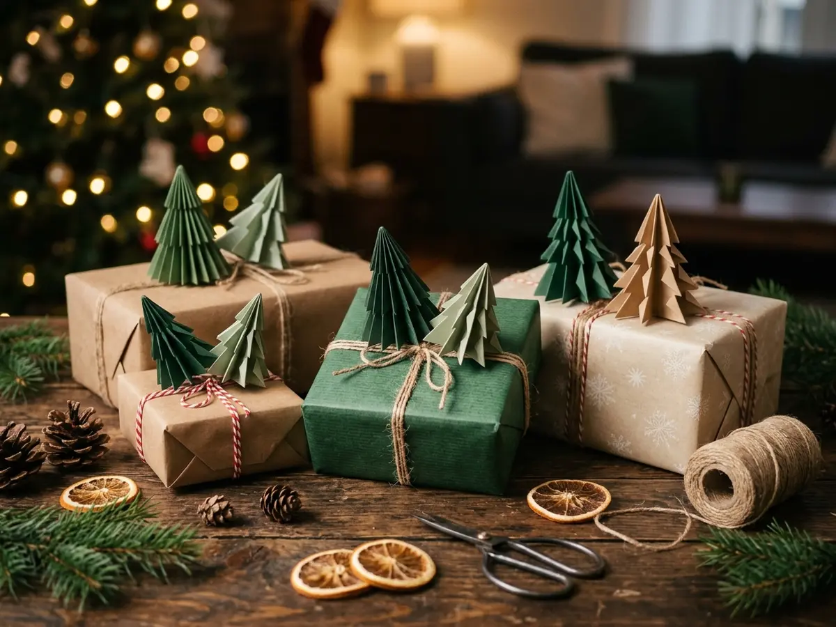 Tiny paper trees on wrapped gifts