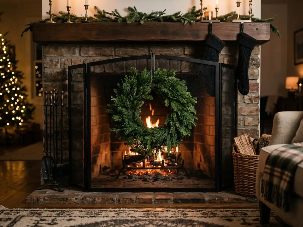 Wreath on a fireplace screen