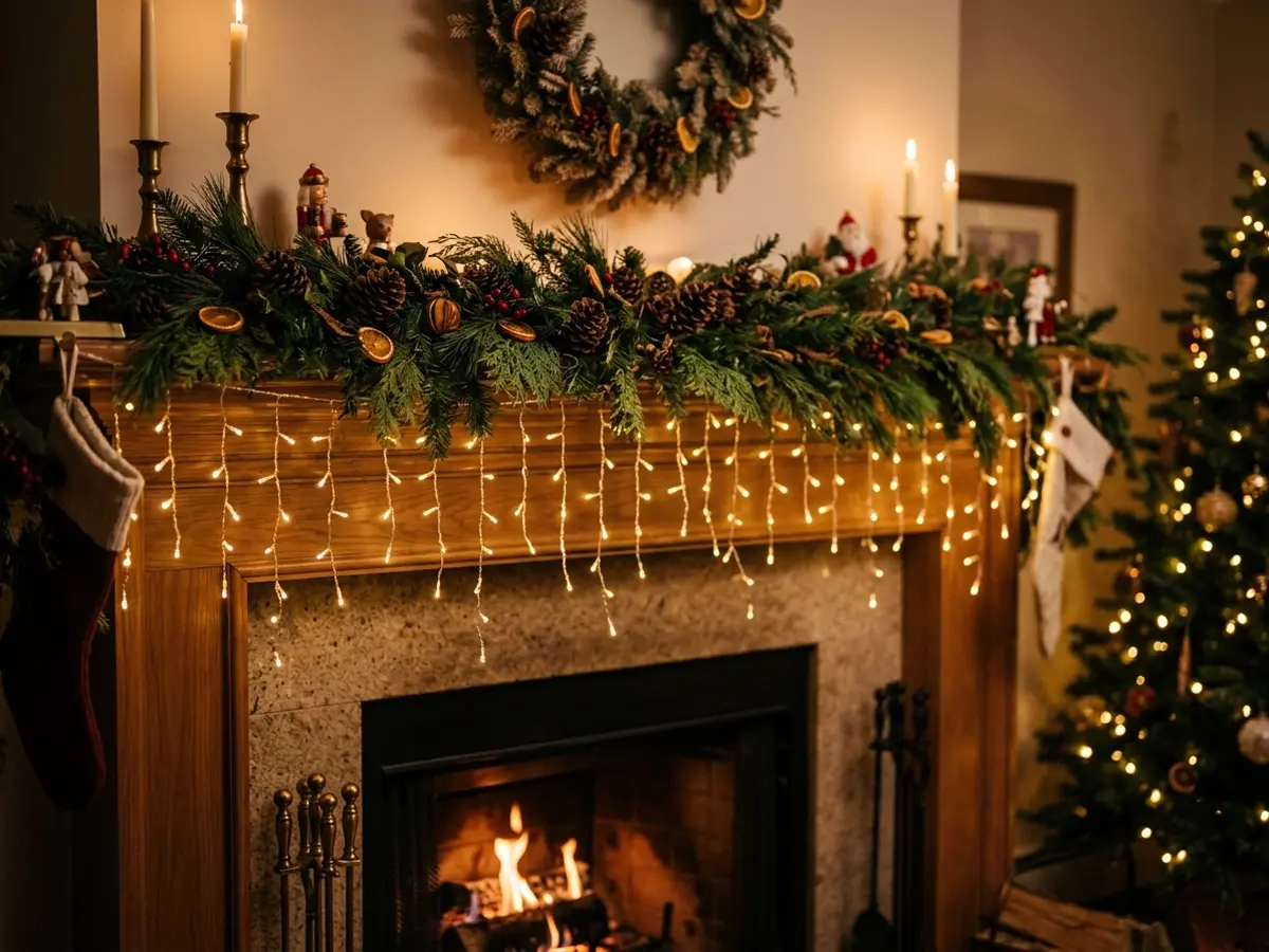 Icicle lights along a mantel edge