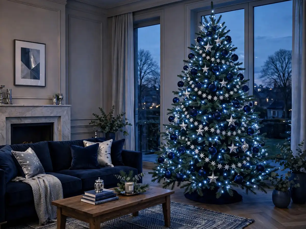 Navy and silver starry night Christmas tree