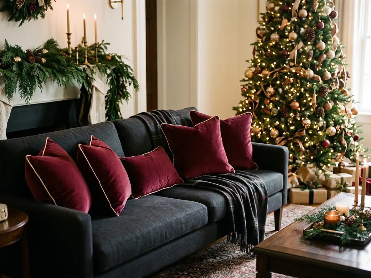 Burgundy cushions with gold piping on a sofa
