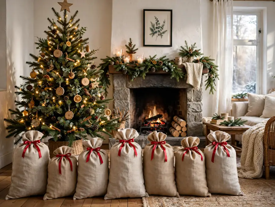 Row of Christmas present sacks under a tree