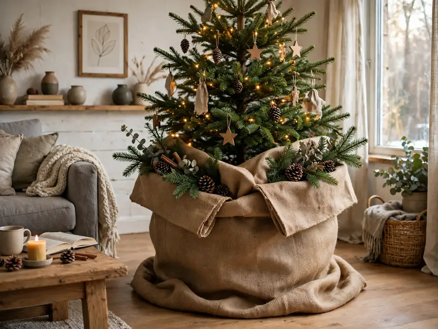 Large burlap sack wrapped around a Christmas tree base
