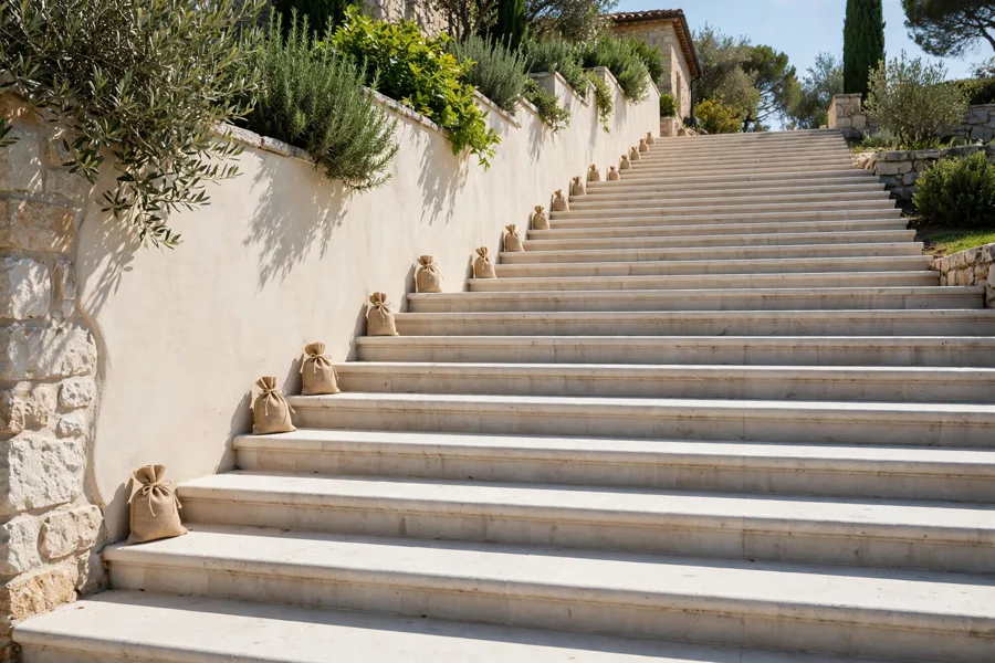 Small gift sacks placed on staircase steps
